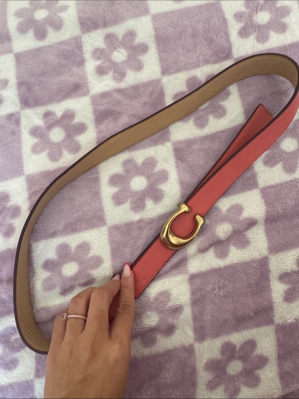 Coach Coral Leather Belt with Gold Signature Buckle